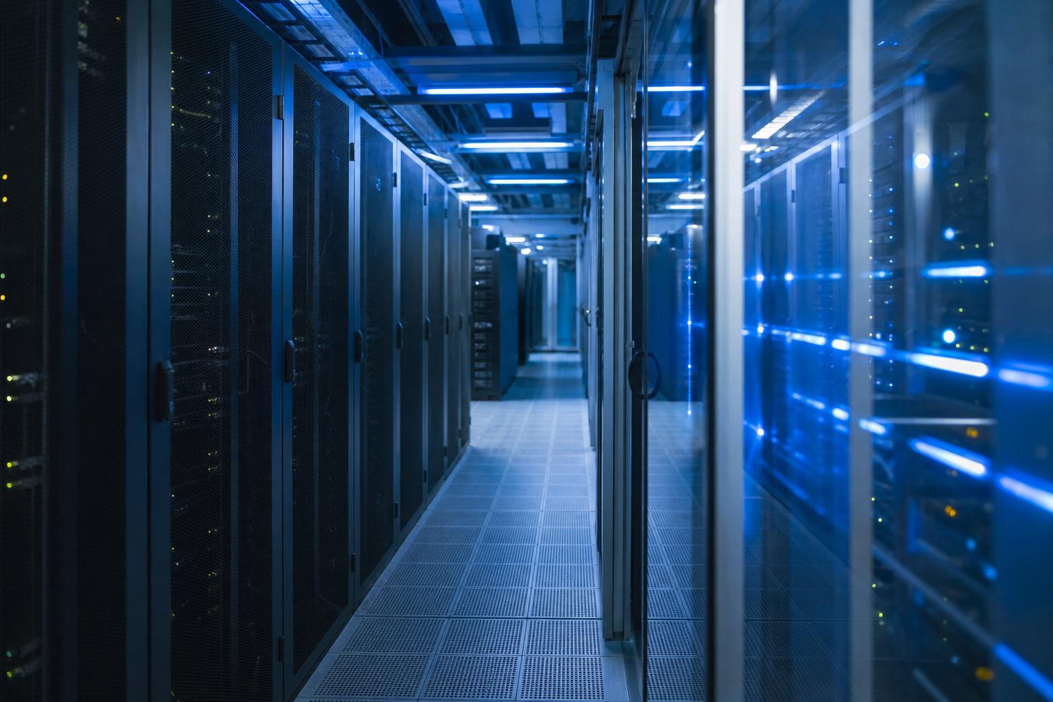 Datacenter moderno com fileiras de servidores e iluminação azul, representando a expansão da infraestrutura digital no Brasil
