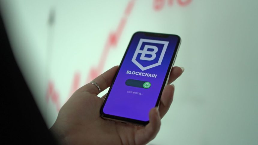 Mão segurando um smartphone com a tela de uma carteira digital de criptomoedas e tecnologia blockchain.
